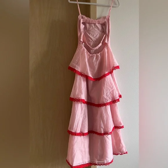 Hello Molly Blush Pink Tiered Maxi Dress with Red Lace - Picture 10 of 15